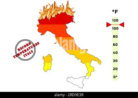 italien, die Sommertemperaturen und der Klimawandel führen dazu, dass der Temperaturanstieg maximale Höchstwerte erreicht. Sehr heiße Temperaturen. 3D-Grafik Stockfoto