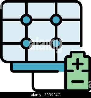 Umrissvektor des Sonnenlicht-Batteriesymbols. Sonnenkollektor. Sonnenenergie, Farbe flach Stock Vektor