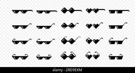 Vector Black and White Pixel Boss-Brillen-Symbolsatz im 8-Bit-Retro-Stil. Summer Meme Game Thug Design, Mafia Gangster Funky Sonnenbrille. Rap-Musik Stock Vektor