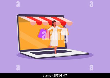 Flaches Grafikdesign mit einer jungen Frau, die aus dem Laptop kommt und Einkaufstaschen hält. Verkauf, digitaler Lebensstil und Konsumerismus. Online-Sto Stockfoto