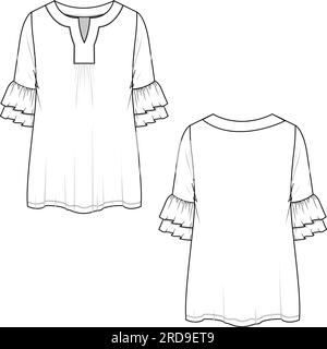 Frauen Mode doppellagige Ärmel Rüschen Fancy Hals Top technische Zeichnung flache Skizze Vorlage Design Vektor Stock Vektor
