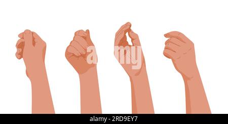 Ein Satz isolierter menschlicher Hände, Handflächen und Finger, die in Gesten des Haltens oder Gebens gelegt sind. Sie benötigen sie für Broschüren, Broschüren, in denen die Hand Gegenstände, Notizen oder Sprechblasen hält. Vektorillustration. Stock Vektor