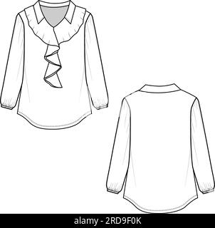 Frauen Kragen mit schickem Ausschnitt Rüschen Langarm T-Shirt Oberteil Bluse Mode Flat Sketch Zeichnung Design Vektor Stock Vektor