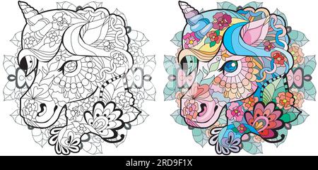 Kopf Einhorn auf Mandala zentangle im Stil zum Ausmalen. Kann für den Druck auf T-Shirts, Tapeten oder Postern verwendet werden. Für das Design von Malbüchern, Drucke Stock Vektor