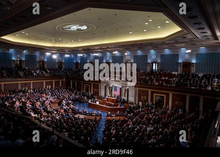 Washington, Vereinigte Staaten. 19. Juli 2023. Der Präsident des Staates Israel Isaac Herzog hält am Mittwoch, den 19. Juli 2023, eine Ansprache zu einem gemeinsamen Kongresstreffen im US-Kapitol in Washington, DC. Kredit: Rod Lamkey/CNP/dpa/Alamy Live News Stockfoto