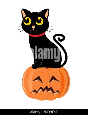 Schwarze Katze und halloween-Kürbis. Zeichentrickfigur. Vektordarstellung . Stock Vektor