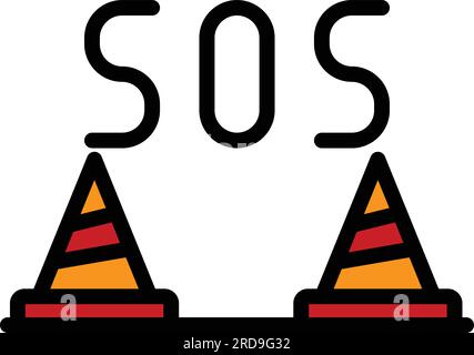 Konturvektor des SOS-Fahrkegel-Symbols. Cone-Verkehr. Konstruktion Sicherheitsfarbe flach Stock Vektor
