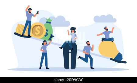 Geld Gleichgewicht auf der Skala vergleich Gleichgewicht vector business Abbildung. Idee Glühbirne und gold coin finanzieren. Mann und Frau Konzept Einkommen investieren Stock Vektor
