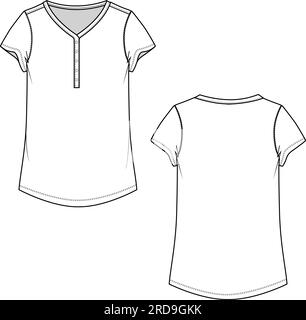 Damen Kurzarm-T-Shirt mit Henley-Ausschnitt, technisches, flaches Skizzenmuster Stock Vektor