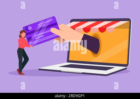 Flaches Grafikdesign, das eine junge Frau von Beauty zeichnet, die eine Kreditkarte in den großen Laptop-Bildschirm mit Schutzdach steckt und von Hand akzeptiert wird. Digitale Bezahlung und Online Stockfoto