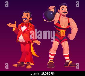 Vektorkarneval Zirkus-Cartoon-Darsteller und Strongman-Charakterset. Starker Mann mit Gewicht und Muskeln. Lustige Person mit altem Schnurrbart und rotem cirque-Kostüm. Fröhliche, muskulöse Ikone Stock Vektor