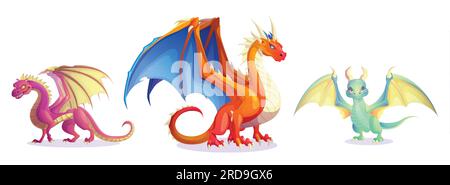 Süße Fantasie-Drachen, magische Tiere im Märchen. Mittelalterliches Monster und lustige mythische Baby-Kreaturen mit Flügeln auf weißem Hintergrund, Vektorgrafikzeichnung Stock Vektor