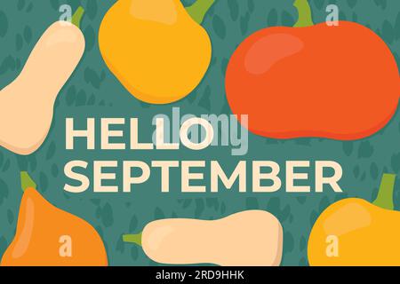hallo september Text und Kürbisse - Vektorabbildung Stock Vektor