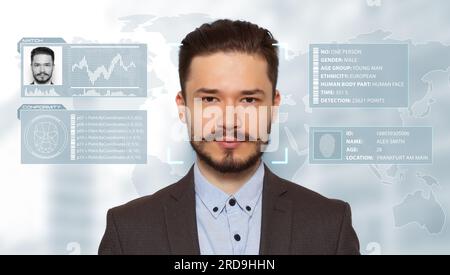 Gesichtserkennungssystem. Mann mit Scannerrahmen und persönlichen Daten vor weißem Hintergrund mit Weltkarte Stockfoto