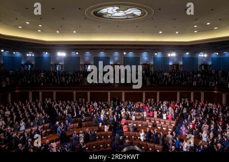 Washington, Vereinigte Staaten. 19. Juli 2023. Präsident des Staates Israel Isaac Herzog kommt, um seine Rede vor einer gemeinsamen Kongresssitzung im US-Kapitol in Washington, DC, zu halten, Mittwoch, den 19. Juli 2023. Kredit: Rod Lamkey/CNP/dpa/Alamy Live News Stockfoto