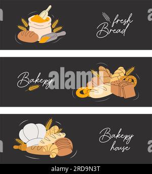 Ein Satz Banner mit Skizzen für Bäckereien. Handgezeichnete alte Zeichnung mit Brot, Gebäck und Süßigkeiten. Weizenbrot, Brezel, Ciabatta, Croissant, französisches Baguette. Stock Vektor