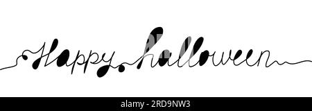 Frohes Halloween. Eine Zeile. Einzeiliger kontinuierlicher Text Kontur Vektorgrafiken Illustration, Happy Halloween Text und Fledermaus, Kürbis Stock Vektor