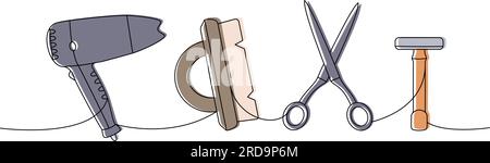 Satz Friseurwerkzeuge, einzeilige farbige durchgehende Zeichnung. Haartrockner, Friseurbürste, Schere, Rasierrasierer, durchgehende Darstellung mit einer Linie. Stock Vektor