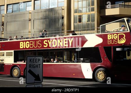 Der Big Bus Sydney, ein offenes Doppeldeck, hielt an einem klaren, hellen, sonnigen Tag am Whitlam Square. Ein Mann macht ein Foto mit ausgestreckten Armen Stockfoto