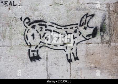 Graffiti eines Schweines auf einer Venedig-Mauer Stockfoto