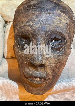 Kairo, Ägypten - 15. Juli 2023: Gesicht von Munnie des Königs und Pharao Tutanchamon, Kairo. Stockfoto