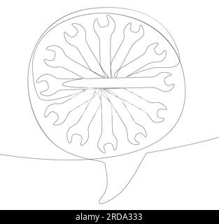 Eine durchgehende Sprechblase mit Schraubenschlüssel. Vektorkonzept zur Darstellung dünner Linien. Kontur Zeichnen kreativer Ideen. Stock Vektor