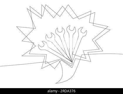 Eine durchgehende Sprechblase mit Schraubenschlüssel. Vektorkonzept zur Darstellung dünner Linien. Kontur Zeichnen kreativer Ideen. Stock Vektor
