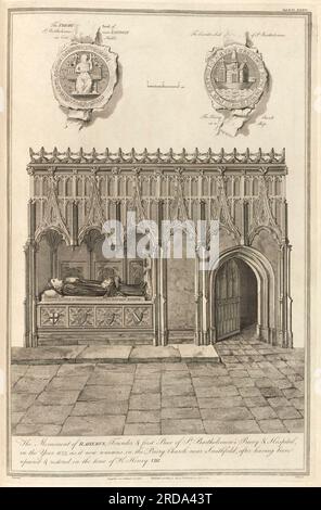 Denkmal von Rahere und St. Bartholomews Priory Church aus dem Buch The Society of Antiquaries of London hat darauf geachtet, auf eigene Kosten die alten Aufzeichnungen zu veröffentlichen, die die Erinnerung an britische Angelegenheiten bewahren, ursprünglich im lateinischen Vetusta monumenta, Quae ad rerum Britannicarum memoriam conservandam Societas Antiquariorum Londini sumptu suo edenda curavit Veröffentlicht 1789 von Londini [Gesellschaft der Antiquitäten] Stockfoto