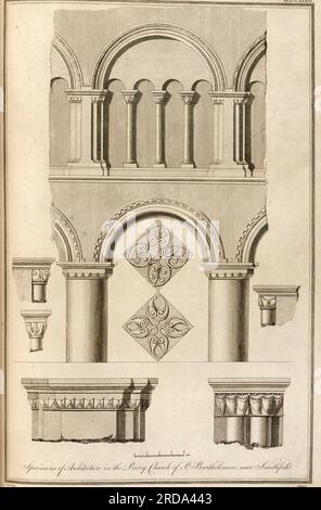 Denkmal von Rahere und St. Bartholomews Priory Church aus dem Buch The Society of Antiquaries of London hat darauf geachtet, auf eigene Kosten die alten Aufzeichnungen zu veröffentlichen, die die Erinnerung an britische Angelegenheiten bewahren, ursprünglich im lateinischen Vetusta monumenta, Quae ad rerum Britannicarum memoriam conservandam Societas Antiquariorum Londini sumptu suo edenda curavit Veröffentlicht 1789 von Londini [Gesellschaft der Antiquitäten] Stockfoto