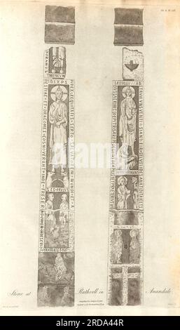 Das Ruthwell Cross ist fast 5,5m m (18 Fuß) hoch und bietet ein symbolisches Programm von Bildern und Texten sowie Pflanzen- und Tierdekorationen. Aus dem Buch The Society of Antiquaries of London hat auf eigene Kosten die alten Aufzeichnungen veröffentlicht, die die Erinnerung an britische Angelegenheiten bewahren, ursprünglich im lateinischen Vetusta monumenta, Quae ad rerum Britannicarum memoriam conservandam Societas Antiquariorum Londini sumptu suo edenda curavit Veröffentlicht 1789 von Londini [Gesellschaft der Antiquitäten] Stockfoto