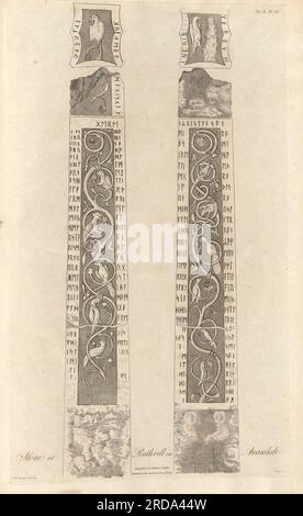 Das Ruthwell Cross ist fast 5,5m m (18 Fuß) hoch und bietet ein symbolisches Programm von Bildern und Texten sowie Pflanzen- und Tierdekorationen. Aus dem Buch The Society of Antiquaries of London hat auf eigene Kosten die alten Aufzeichnungen veröffentlicht, die die Erinnerung an britische Angelegenheiten bewahren, ursprünglich im lateinischen Vetusta monumenta, Quae ad rerum Britannicarum memoriam conservandam Societas Antiquariorum Londini sumptu suo edenda curavit Veröffentlicht 1789 von Londini [Gesellschaft der Antiquitäten] Stockfoto