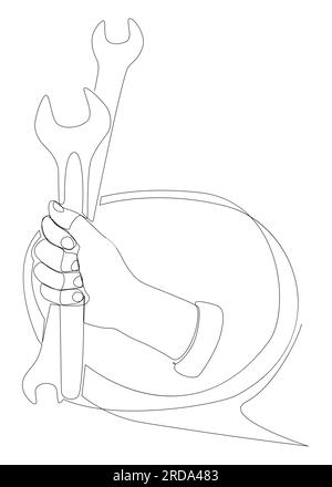 Eine durchgehende Sprechblase mit Schraubenschlüssel. Vektorkonzept zur Darstellung dünner Linien. Kontur Zeichnen kreativer Ideen. Stock Vektor