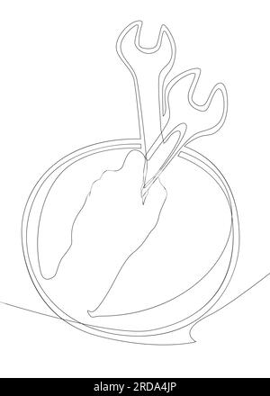 Eine durchgehende Sprechblase mit Schraubenschlüssel. Vektorkonzept zur Darstellung dünner Linien. Kontur Zeichnen kreativer Ideen. Stock Vektor