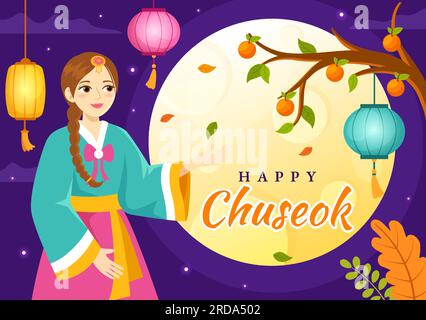 Happy Chuseok Day Vector Illustration of Korean Thanksgiving Event with Harvest Festival Celebrate on Autumn Night HandDrawn Templates Stock Vektor