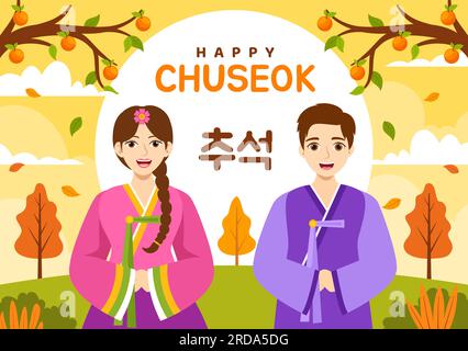 Happy Chuseok Day Vector Illustration of Korean Thanksgiving Event with Harvest Festival Celebrate on Autumn Night HandDrawn Templates Stock Vektor