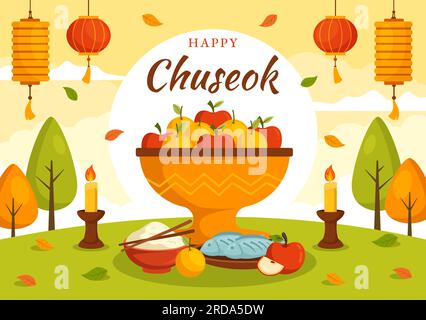 Happy Chuseok Day Vector Illustration of Korean Thanksgiving Event with Harvest Festival Celebrate on Autumn Night HandDrawn Templates Stock Vektor