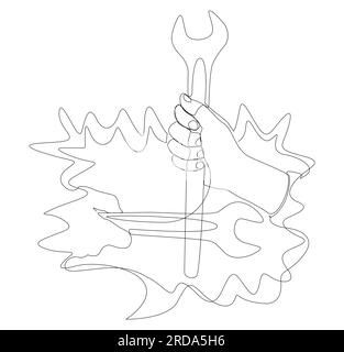 Eine durchgehende Sprechblase mit Schraubenschlüssel. Vektorkonzept zur Darstellung dünner Linien. Kontur Zeichnen kreativer Ideen. Stock Vektor