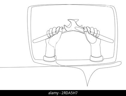 Eine durchgehende Sprechblase mit Schraubenschlüssel. Vektorkonzept zur Darstellung dünner Linien. Kontur Zeichnen kreativer Ideen. Stock Vektor