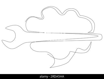 Eine durchgehende Sprechblase mit Schraubenschlüssel. Vektorkonzept zur Darstellung dünner Linien. Kontur Zeichnen kreativer Ideen. Stock Vektor