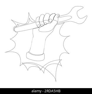 Eine durchgehende Sprechblase mit Schraubenschlüssel. Vektorkonzept zur Darstellung dünner Linien. Kontur Zeichnen kreativer Ideen. Stock Vektor