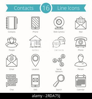 Satz mit 16 Liniensymbolen für Kontakte, Vektor EPS10-Abbildung Stock Vektor