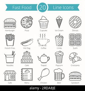 Satz mit 20 Symbolen für Fastfood-Linien, Vektor EPS10-Abbildung Stock Vektor