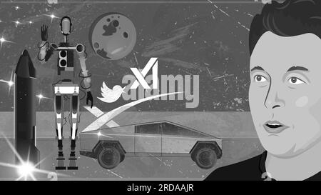2023 Porträt von Elon Musk, Raumschiff, Weltraum x, Twitter und Xai, Planet Mars, Starlink, Cybertruck, Roboter Stockfoto
