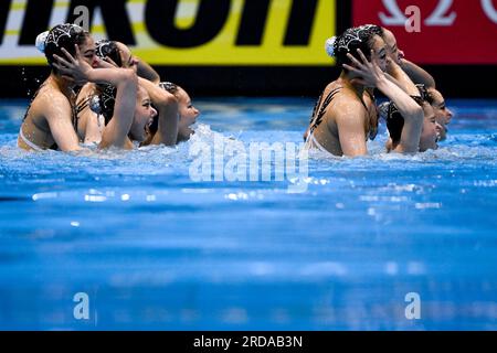 Fukuoka, Japan. 20. Juli 2023. Sportler des Teams Japan treten im Team Free Preliminary während der Wasserweltmeisterschaft 20. in der Marine Messe Hall A in Fukuoka (Japan) am 20. Juli 2023 an. Kredit: Insidefoto di andrea staccioli/Alamy Live News Stockfoto