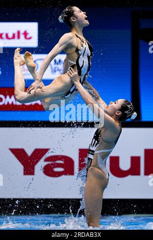 Fukuoka, Japan. 20. Juli 2023. Sportler des Teams Japan treten im Team Free Preliminary während der Wasserweltmeisterschaft 20. in der Marine Messe Hall A in Fukuoka (Japan) am 20. Juli 2023 an. Kredit: Insidefoto di andrea staccioli/Alamy Live News Stockfoto