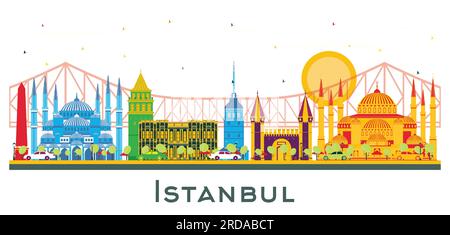 Skyline der Türkei von Istanbul mit farbigen Wahrzeichen isoliert auf Weiß. Vektordarstellung. Business Travel and Tourism Concept mit Istanbul City. Stock Vektor