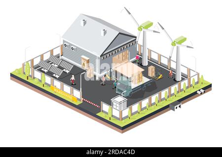 Logistikzentrum für isometrische Verteilung mit Solarmodulen und Windturbinen. Lagereinrichtungen mit Lkw. Vektordarstellung. Stock Vektor