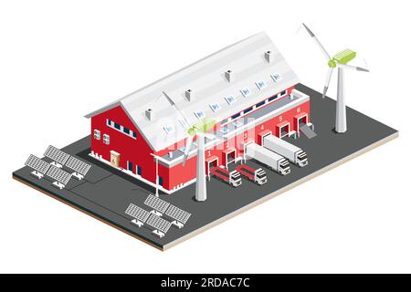 Logistikzentrum für isometrische Verteilung mit Sonnenkollektoren mit Windturbinen. Lagereinrichtungen mit Lkw. Vektordarstellung. Stock Vektor