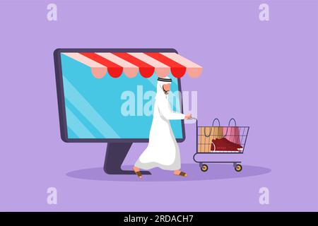 Cartoon-Flach-Stil, der einen Arabier aus dem Monitor zieht und den Einkaufswagen schiebt. Verkauf, digitaler Lebensstil, Konsumerismus-Konzept. Online-Shop Stockfoto