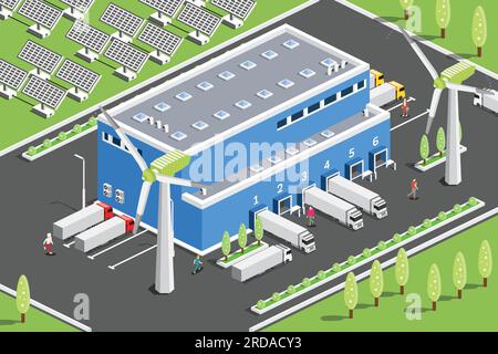 Logistikzentrum für isometrische Verteilung mit Solarmodulen und Windturbinen. Lagereinrichtungen mit Lkw. Vektordarstellung. Stock Vektor